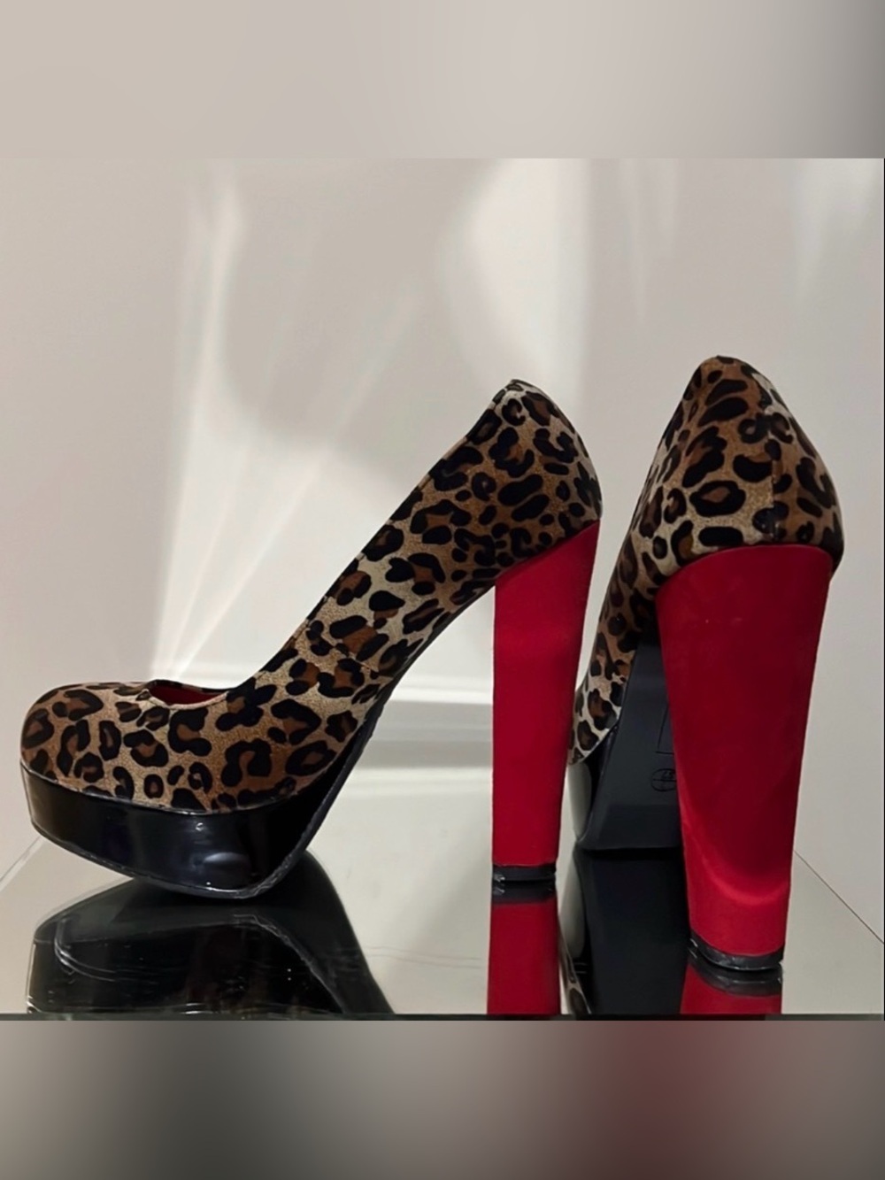 Leopard Print Platform Pumps with Red Block Heel